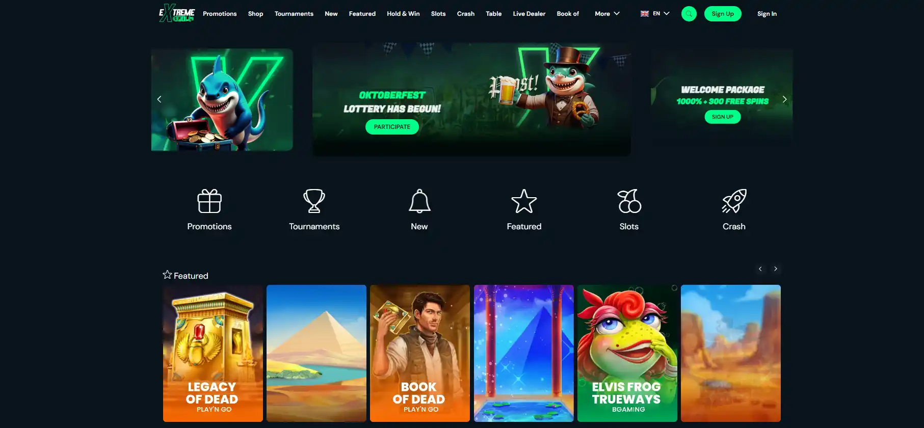Current public-facing Extreme Spins casino homepage interface