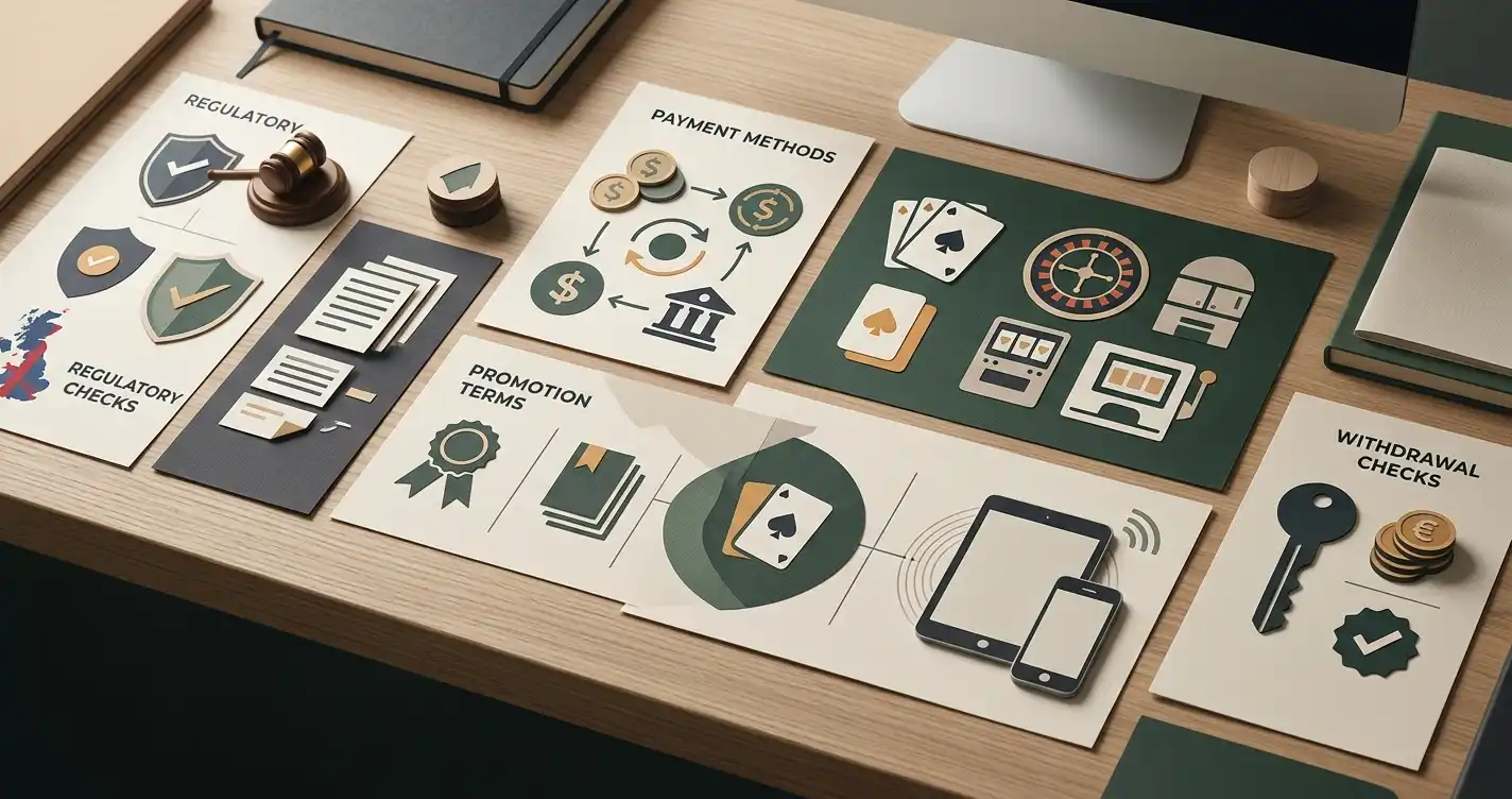 Editorial workspace comparing casino licence, bonus, payments, games and withdrawals