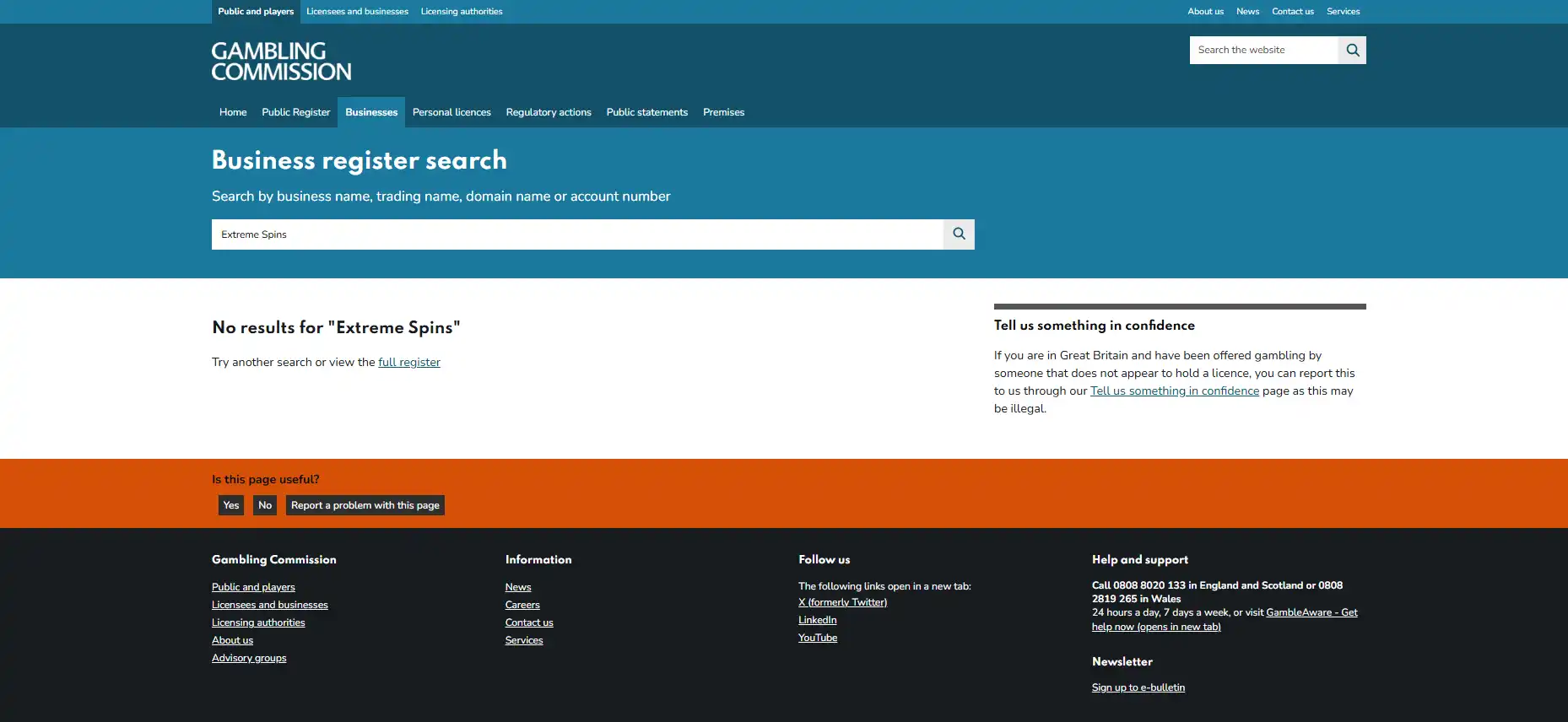 UK Gambling Commission business register search used to check Extreme Spins licence status