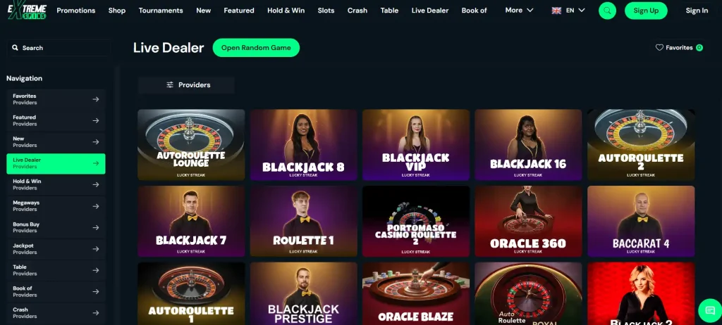 Current Extreme Spins live casino lobby showing dealer-game categories
