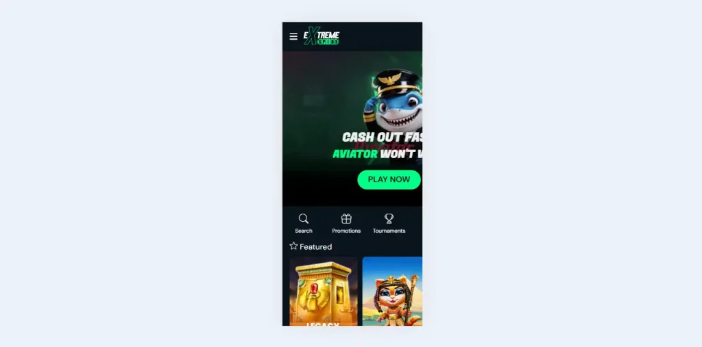 Current Extreme Spins site displayed in a mobile browser viewport