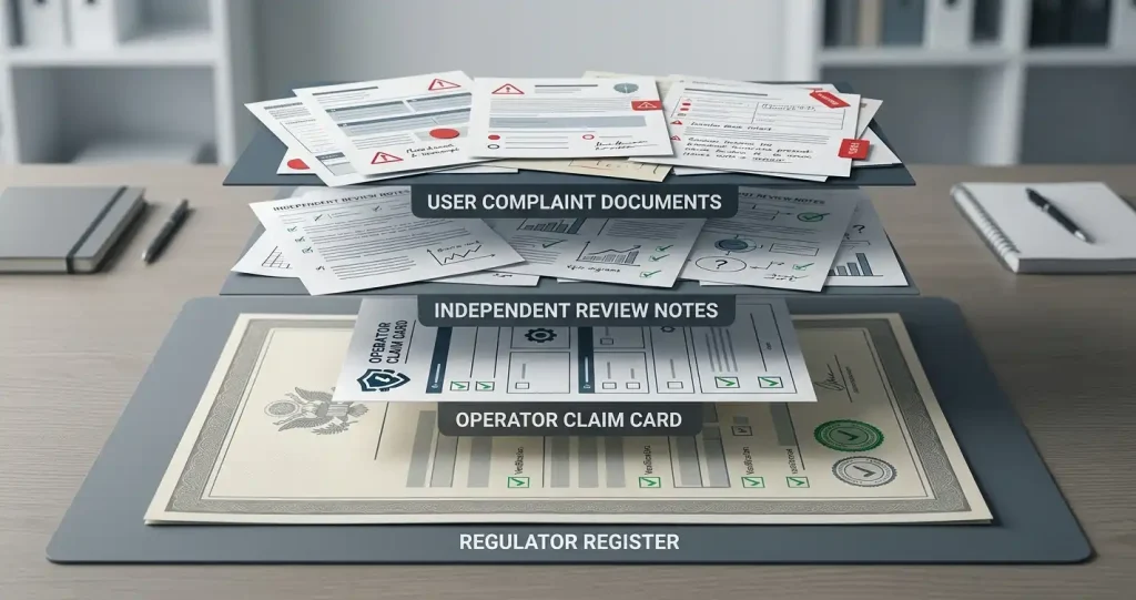 Editorial evidence hierarchy showing regulator records, operator claims, independent reviews and player complaints