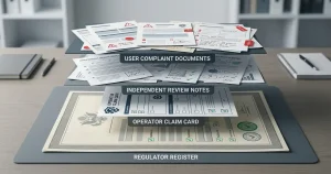 Editorial evidence hierarchy showing regulator records, operator claims, independent reviews and player complaints