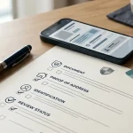 Neutral identity verification checklist with generic document and privacy symbols