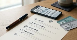 Neutral identity verification checklist with generic document and privacy symbols